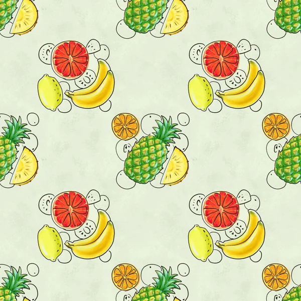 Hand drawn seamless pattern. Summer background with exotic fruits. — Stock Photo, Image
