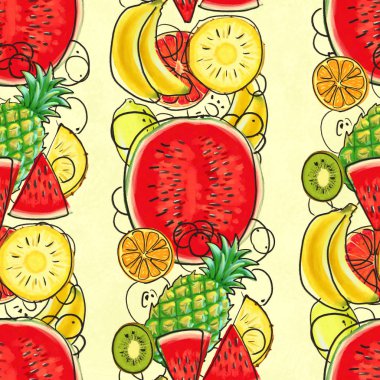 Muzlu, hindistan cevizli, ananaslı el çizimi desen. Kusursuz yaz arkaplanı.