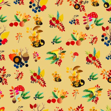 Böğürtlen, meşe palamudu, kozalak, mantar, dal ve yapraklı sonbahar deseni.