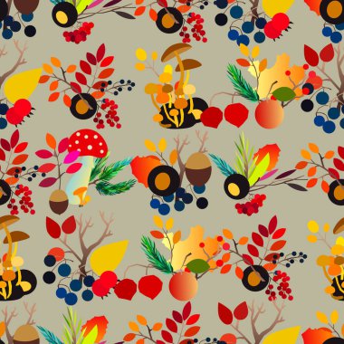 Böğürtlen, meşe palamudu, kozalak, mantar, dallı ve yapraklı sonbahar vektörü..