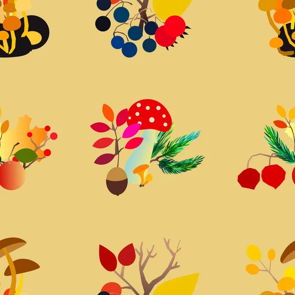 Autumn vector seamless pattern with berries, acorns, pine cone, mushrooms, branches and leaves. — Stock Vector