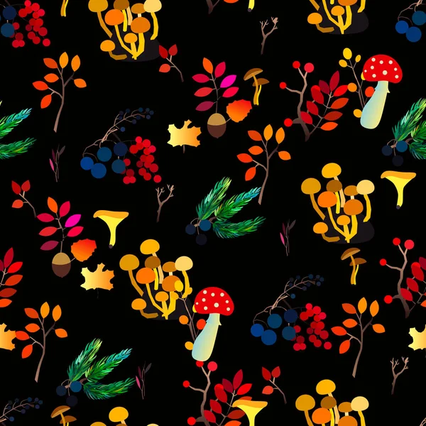 Motif sans couture vectoriel d'automne avec baies, glands, cône de pin, champignons, branches et feuilles. — Image vectorielle