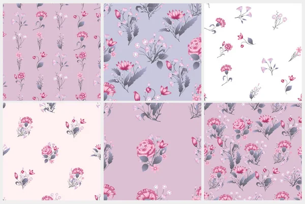 Conjunto de patrones sin costuras. Diseño floral vectorial con rosas. Impresión romántica de fondo — Archivo Imágenes Vectoriales