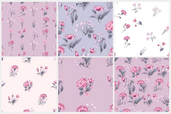 Set di schemi senza soluzione di continuità. Design floreale vettoriale con rose. Stampa di sfondo romantica — Vettoriale Stock