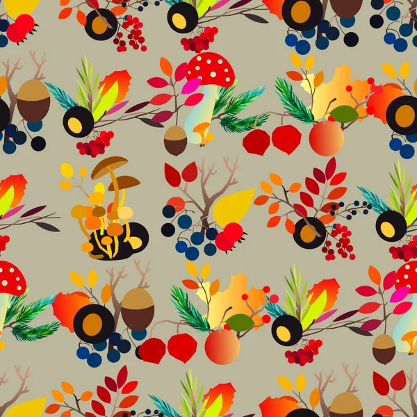 Autumn vector seamless pattern with berries, acorns, pine cone, mushrooms, branches and leaves. — Stock Vector