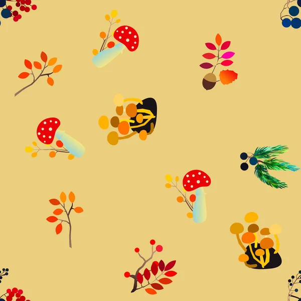 Autumn vector seamless pattern with berries, acorns, pine cone, mushrooms, branches and leaves. — Stock Vector