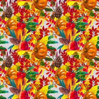 Sonbahar suluboya el, yapraklı, mantarlı ve kozalaklı kusursuz desenler çizdi.