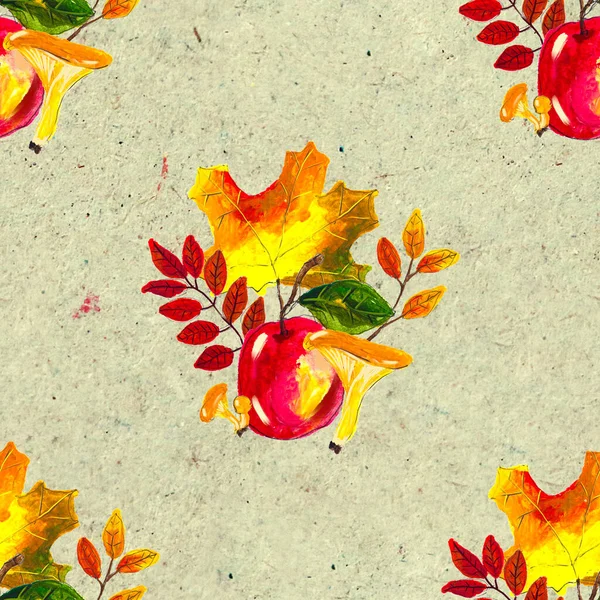 Höstens akvarell handritat sömlöst mönster med blad svamp och kottar — Stockfoto