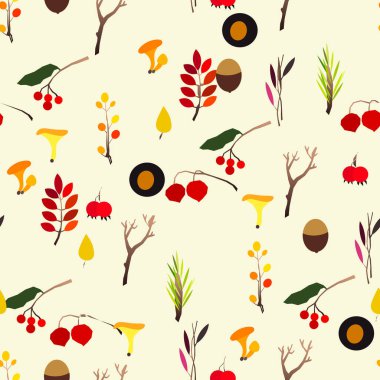 Böğürtlen, meşe palamudu, kozalak, mantar, dallı ve yapraklı sonbahar vektörü..