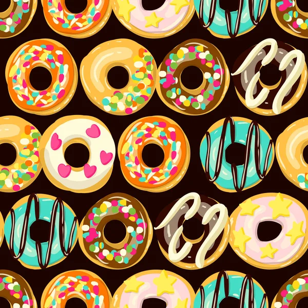 Geglazuurde Donuts naadloos patroon. Vector Cartoon stijl donuts illustratie — Stockvector