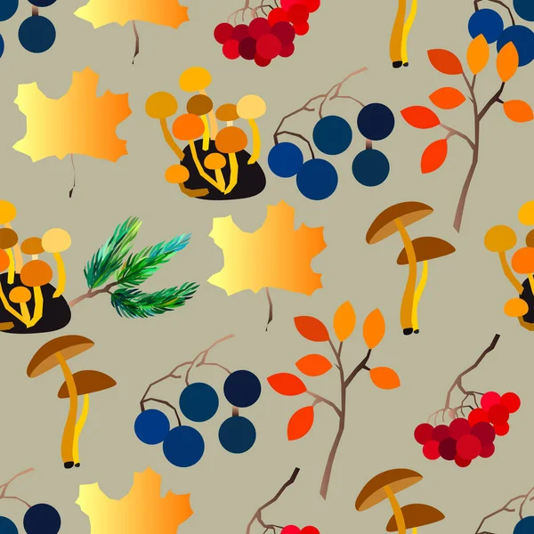 Motif sans couture vectoriel d'automne avec baies, glands, cône de pin, champignons, branches et feuilles. — Image vectorielle