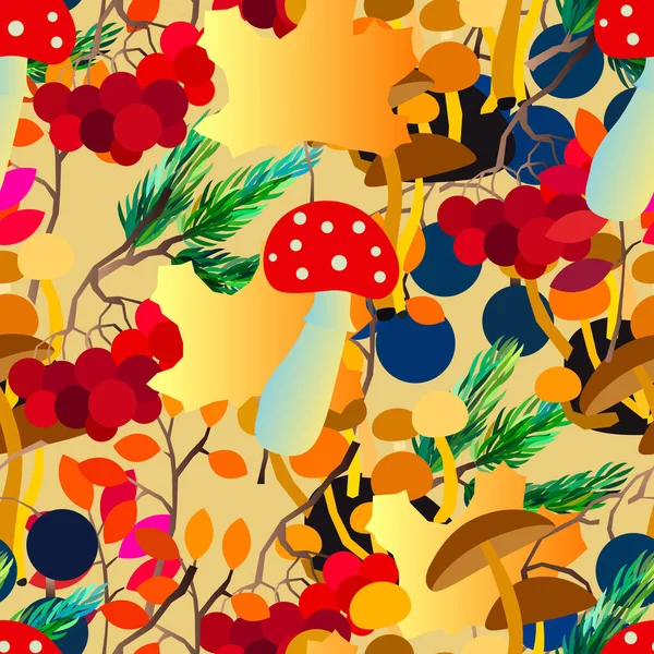 Autumn seamless pattern with berries, acorns, pine cone, mushrooms, branches and leaves. — Stock Vector