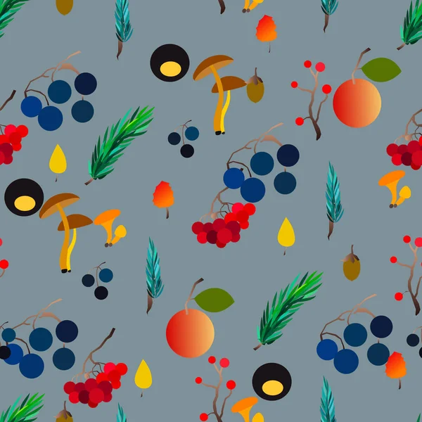 Autumn vector seamless pattern with berries, acorns, pine cone, mushrooms, branches and leaves. - Stok Vektor