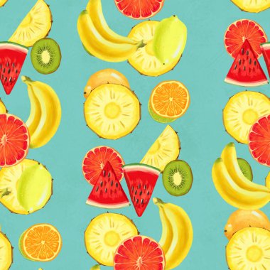El çizimi pürüzsüz desen. Egzotik meyveli yaz arkaplanı.