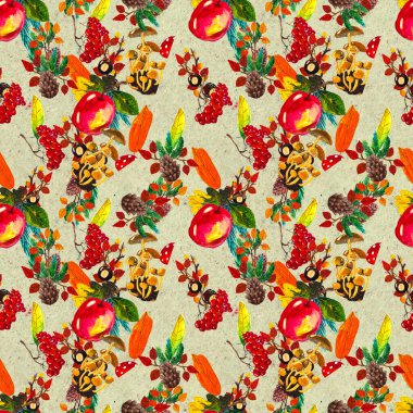 Sonbahar suluboya el, yapraklı, mantarlı ve kozalaklı kusursuz desenler çizdi.