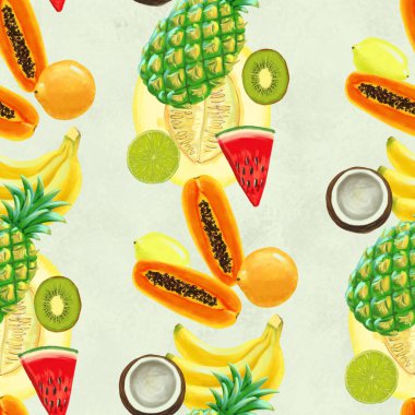 El çizimi pürüzsüz desen. Egzotik meyveli yaz arkaplanı.