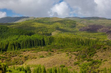 Tepeler tarlaların üzerinde. Mavi gökyüzü ve bulutlarıyla Azores 'teki Terceira Adası.