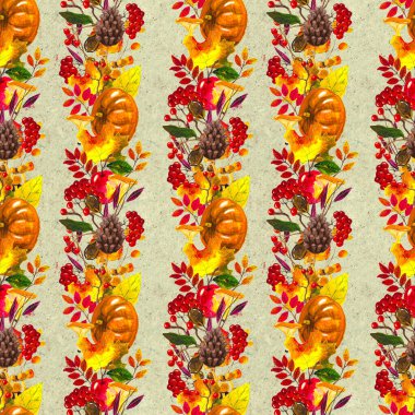 Sonbahar suluboya el, yapraklı, mantarlı ve kozalaklı kusursuz desenler çizdi.