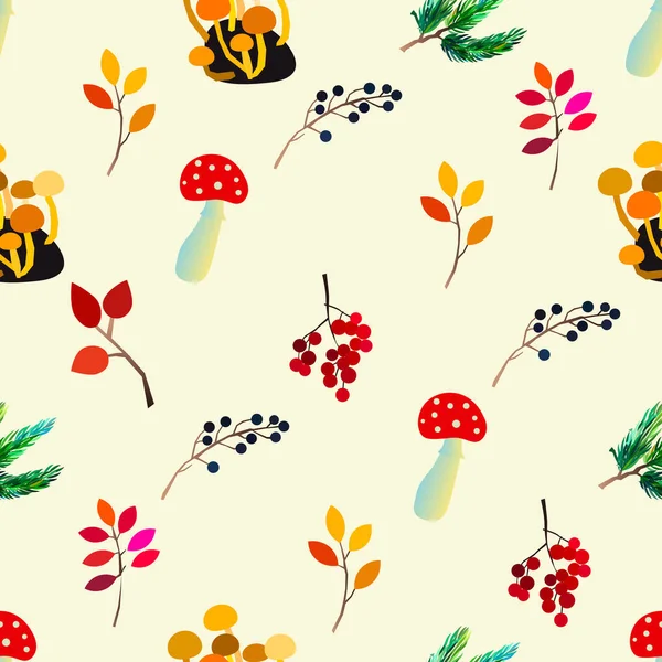 果実、アコーン、松コーン、キノコ、枝や葉と秋のシームレスなパターン. — ストックベクタ