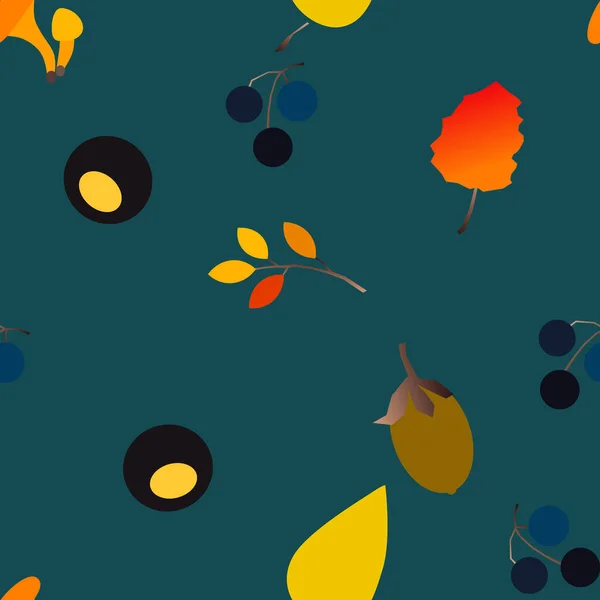 Autumn vector seamless pattern with berries, acorns, pine cone, mushrooms, branches and leaves. — Stock Vector