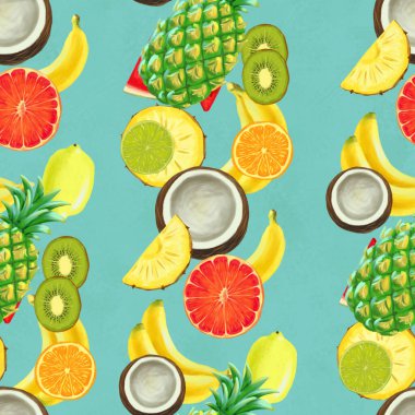 El çizimi pürüzsüz desen. Egzotik meyveli yaz arkaplanı.