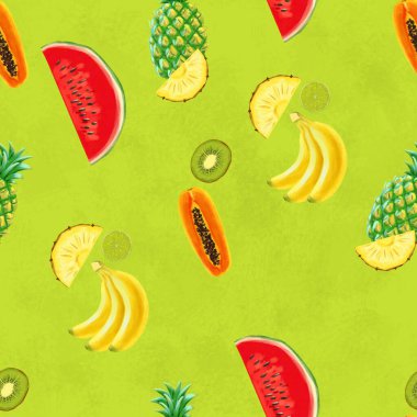 Muz, ananas, papaya ve kavun desenli el çizimi..