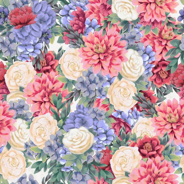 Watercolor floral seamless pattern. Hand painted flowers, greeting card template or wrapping paper