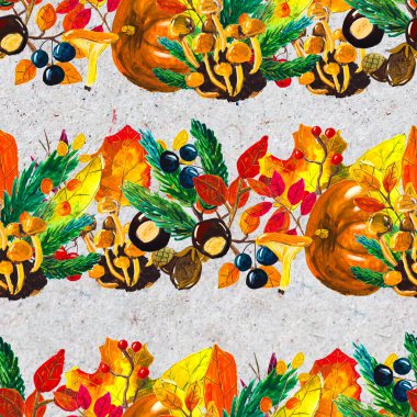 Sonbahar suluboya el, yapraklı, mantarlı ve kozalaklı kusursuz desenler çizdi.