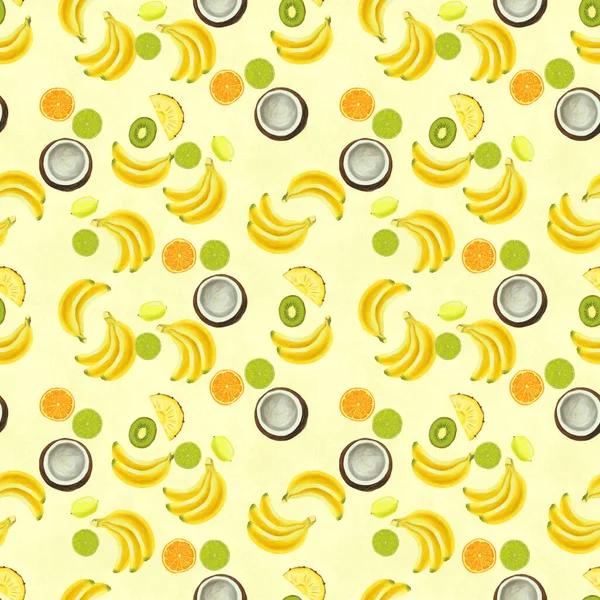 Χειροποίητο μοτίβο χωρίς ραφή με μπανάνες, καρύδες, πορτοκάλι και λάιμ. — Φωτογραφία Αρχείου