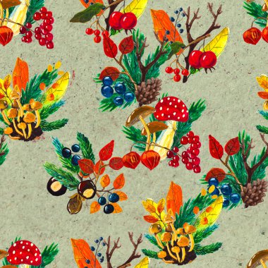 Sonbahar suluboya el, yapraklı, mantarlı ve kozalaklı kusursuz desenler çizdi.