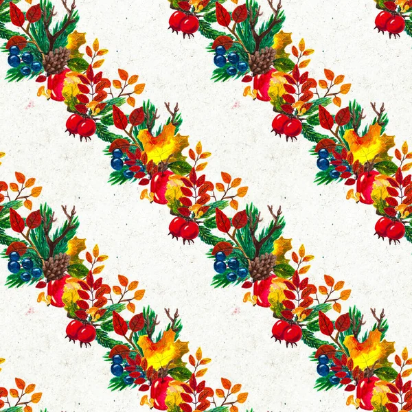 Autumn watercolor hand drawn seamless pattern with leaves mushrooms and pine cones — Stock Photo, Image