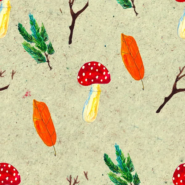 Autumn watercolor hand drawn seamless pattern with leaves mushrooms and pine cones — Stock Photo, Image