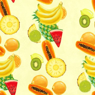 El çizimi pürüzsüz desen. Egzotik meyveli yaz arkaplanı.