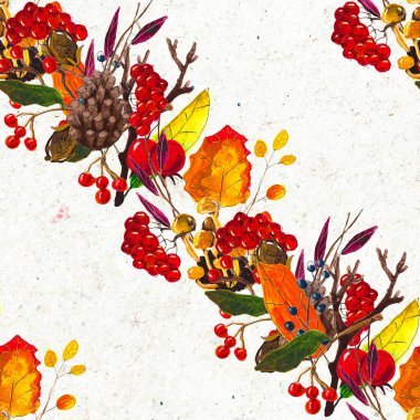 Sonbahar suluboya el, yapraklı, mantarlı ve kozalaklı kusursuz desenler çizdi.