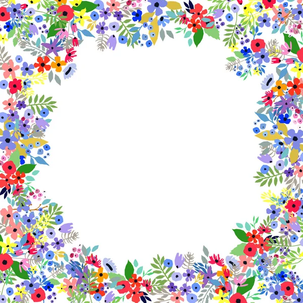 Floral πλαίσιο από λουλούδια. Φύλλα και κλαδιά αγριολούλουδων. Εικονογράφηση διανύσματος. — Διανυσματικό Αρχείο