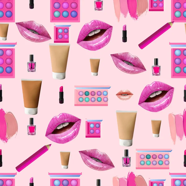 Maquillaje patrón sin costuras. Fondo de belleza con productos cosméticos. — Vector de stock