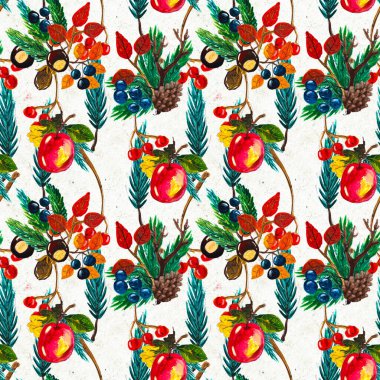 Sonbahar suluboya el, yapraklı, mantarlı ve kozalaklı kusursuz desenler çizdi.