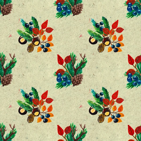 Autumn watercolor hand drawn seamless pattern with leaves mushrooms and pine cones — Stock Photo, Image