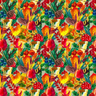 Sonbahar suluboya el, yapraklı, mantarlı ve kozalaklı kusursuz desenler çizdi.