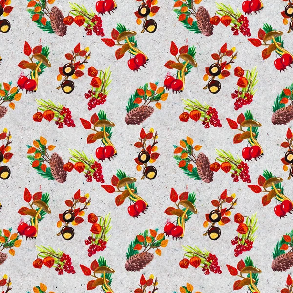 Autumn watercolor hand drawn seamless pattern with leaves mushrooms and pine cones — Stock Photo, Image