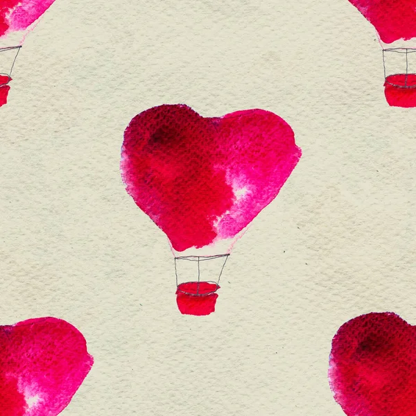 Nahtlos nach einer Aquarell-Illustration. Ballon in Form eines Herzens fliegt in den Himmel. — Stockfoto