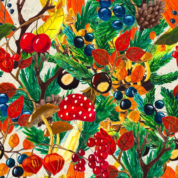 Herfst aquarel hand getekend naadloos patroon met bladeren champignons en dennenappels — Stockfoto