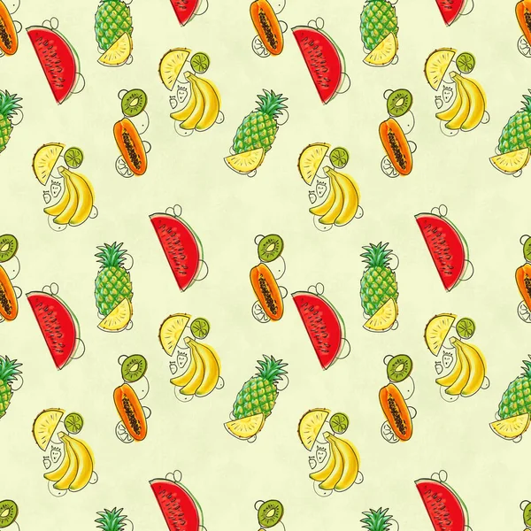Patrón sin costura dibujado a mano con plátanos, piñas papaya y melón. — Foto de Stock