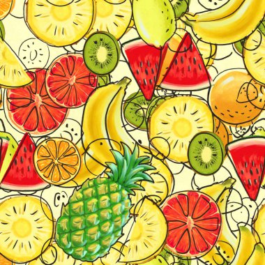 Muz, hindistan cevizi, ananas, papaya ve karpuzlu el çizimi desenler..