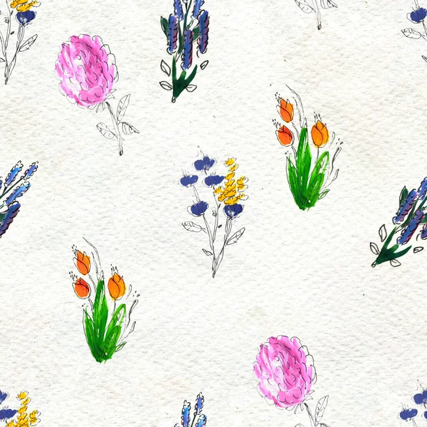花とシームレスなパターン。水彩画やアクリル絵具。手描きの花の背景. — ストック写真