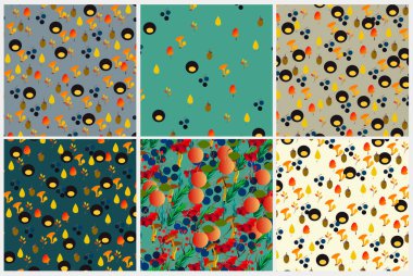 Böğürtlen, meşe palamudu, kozalak, mantar, dallar ve yapraklarla sonbahar vektörsüz desen.