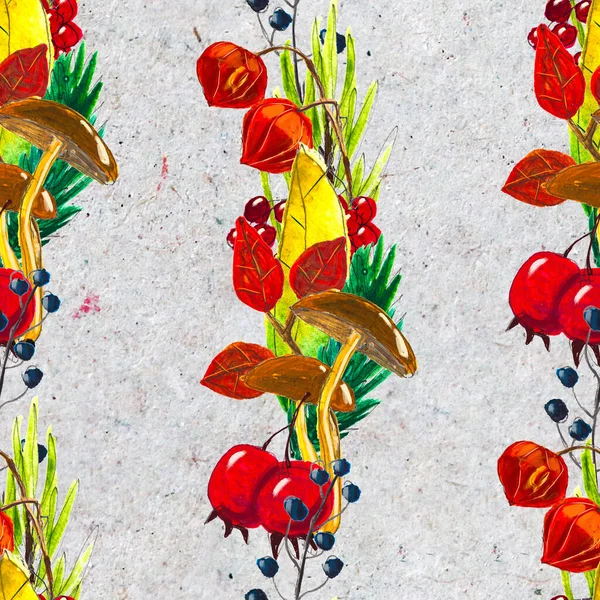 Automne aquarelle dessin à la main motif sans couture avec des feuilles de champignons et de cônes de pin — Photo