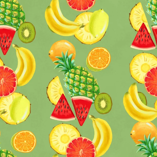 El çizimi pürüzsüz desen. Egzotik meyveli yaz arkaplanı.