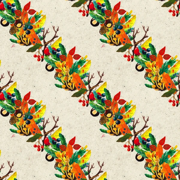 Autumn watercolor hand drawn seamless pattern with leaves mushrooms and pine cones