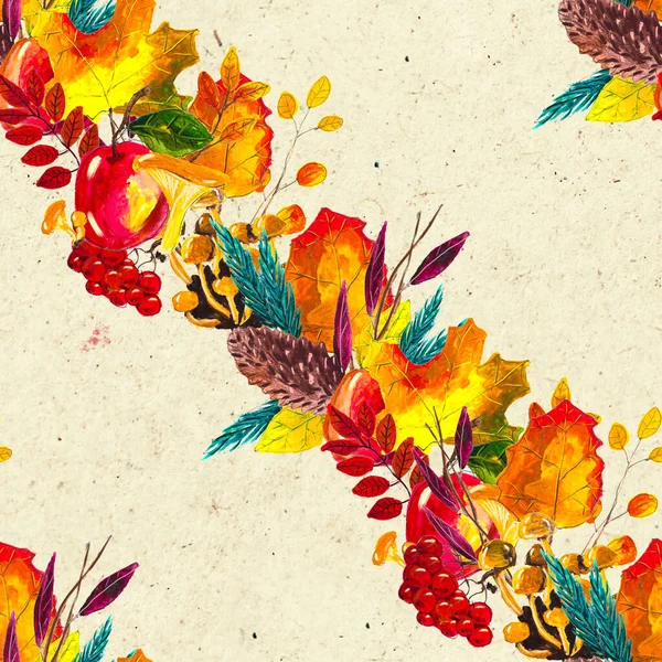葉のキノコと松のコーンでシームレスなパターンを描いた秋の水彩手 — ストック写真